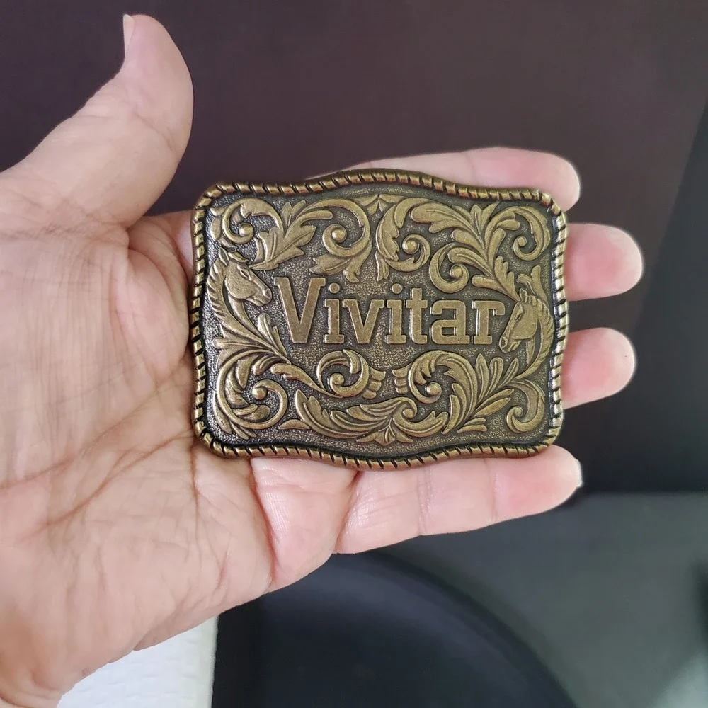 Vivitar Promo Belt Buckle Brass Tone Western Horse Floral Scroll Photography